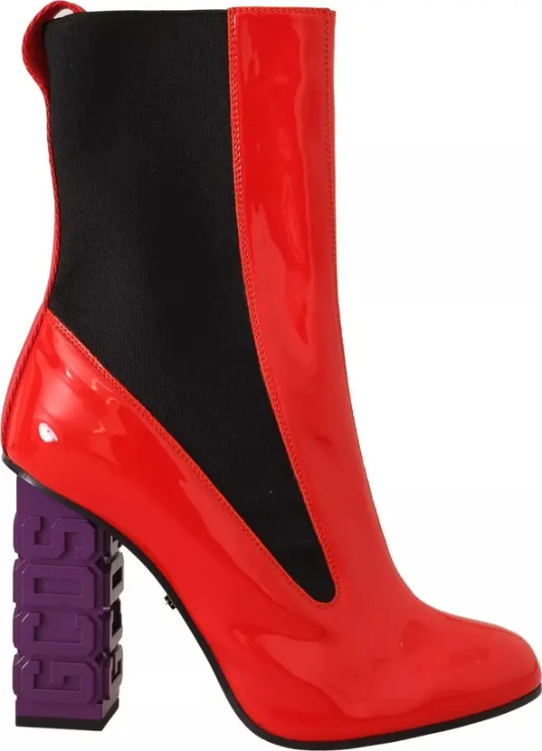 Red Leather Black Fabric Logo Heel Ankle Boots Shoes