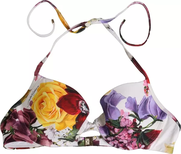 White Floral Print Nylon Beachwear Bikini Top