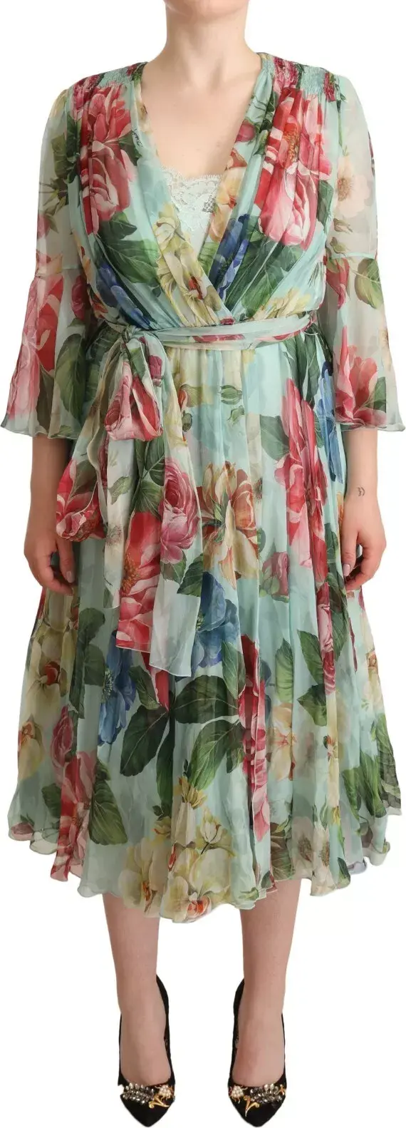 Green Floral Long Sleeve V-neck Midi Dress