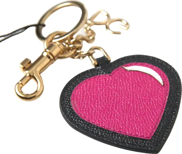 Black Fuchsia Heart Leather Gold Metal Keyring Keychain