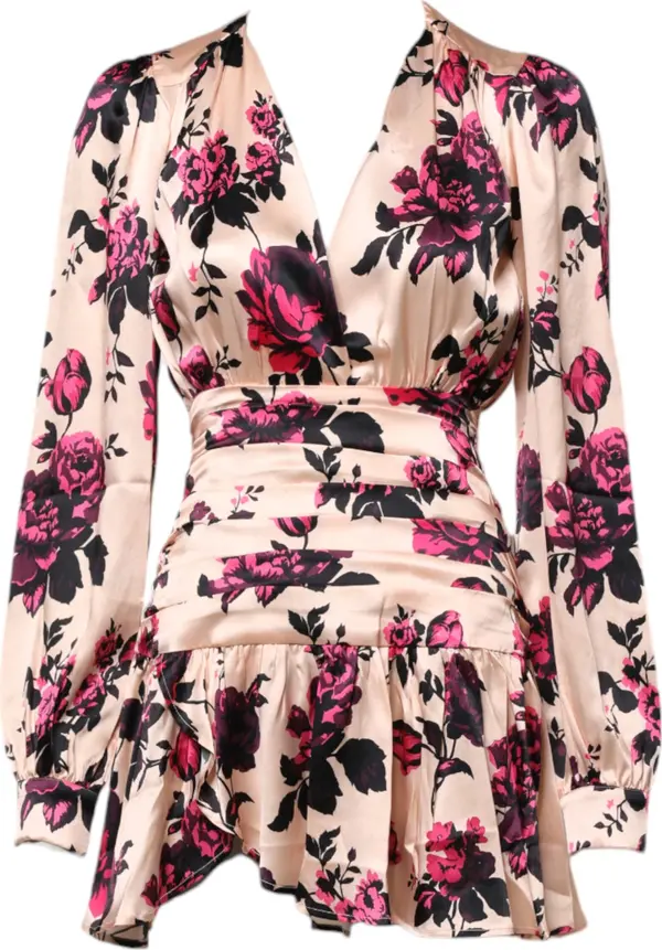Pink Floral Silk Long Sleeves V-neck Wrap Mini Dress