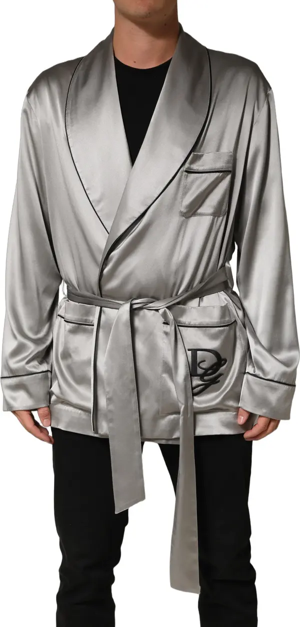 Gray Silk Satin Robe Embroidered Jacket