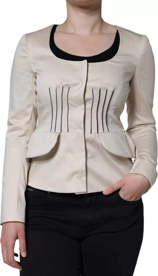 Beige Cotton Long Sleeves Round Neck Blazer Jacket