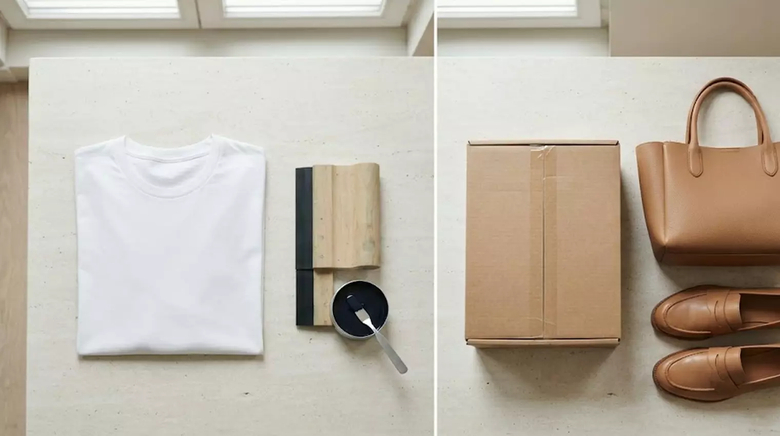 A blank t-shirt with screen-printing tools beside a shipping box, a leather handbag and leather loafers