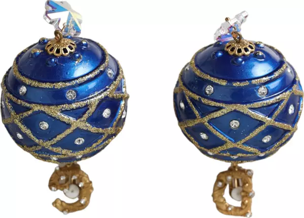 Gold Brass Blue Dangle Christmas Ball Crystal Clip On Earrings