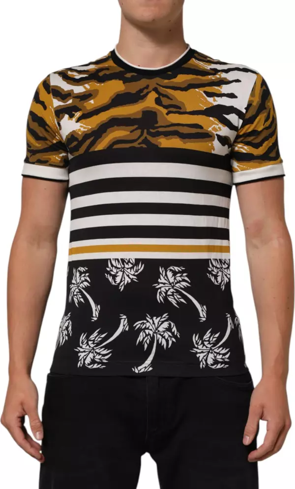 Multicolor Leopard Palm Leaf Men Crew Neck T-shirt