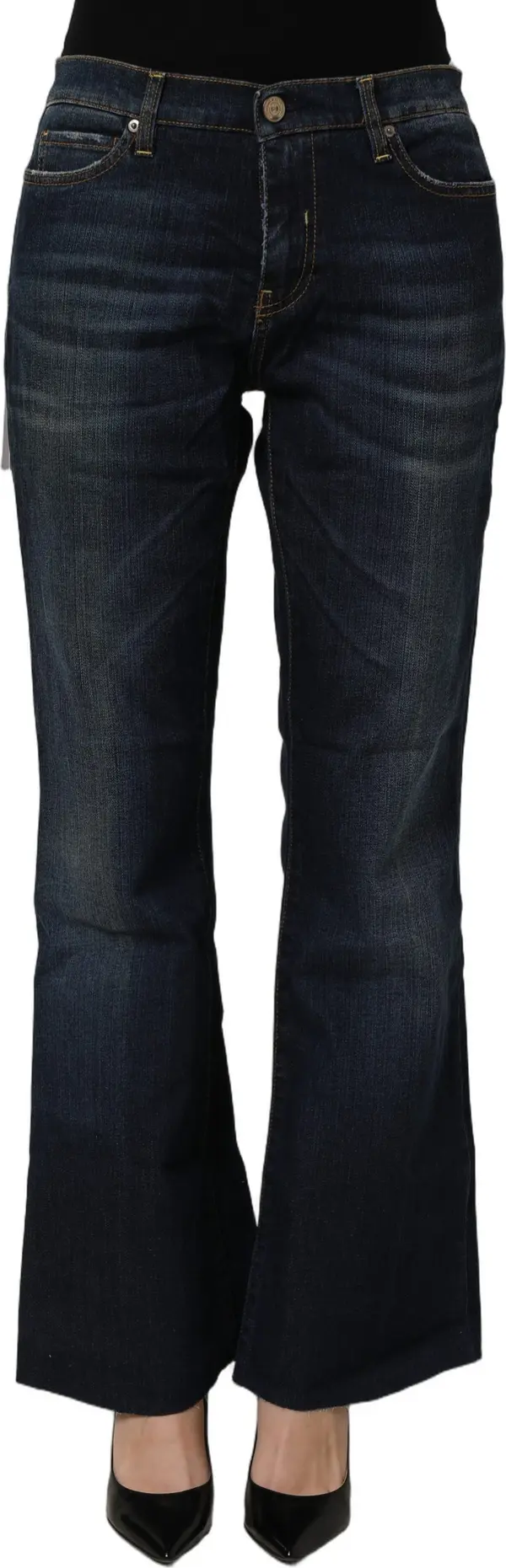 Dark Blue Washed Mid-Waisted Flared Denim Casual Jeans