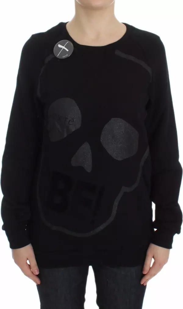 Black Cotton Motive Print Crewneck Pullover Sweater