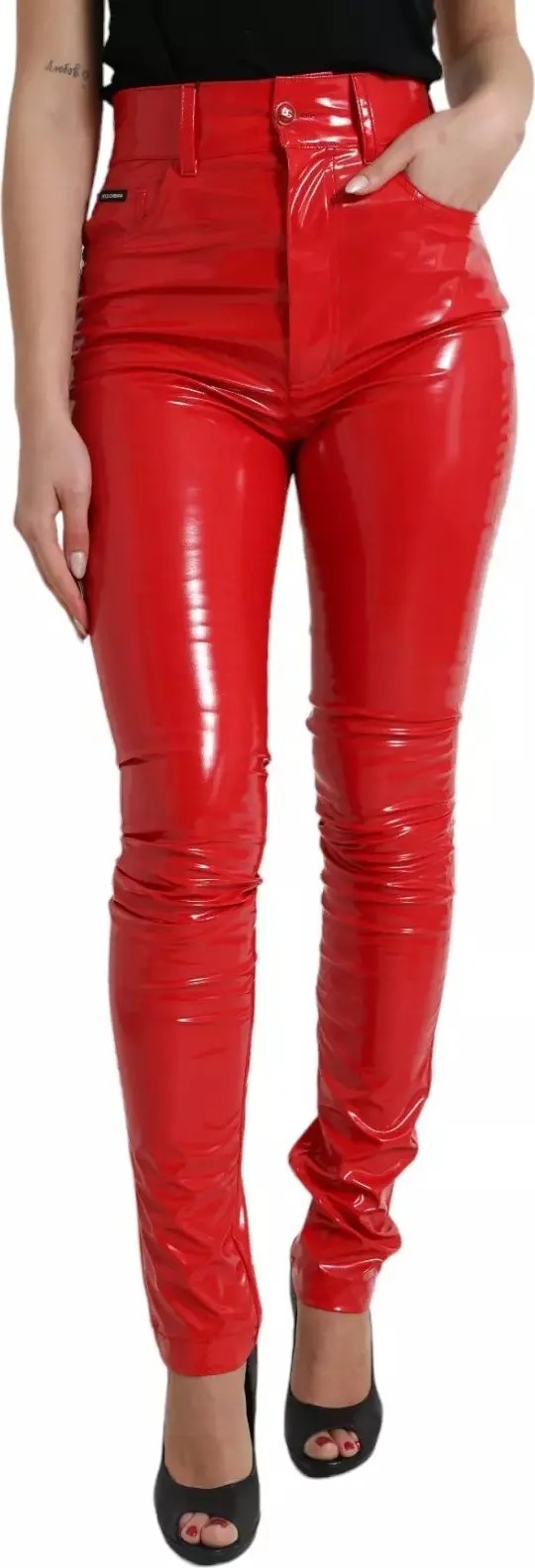 Red High Waist Skinny Trouser Shiny Pants