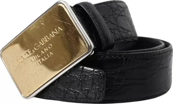 Black Exotic Leather Gold Metal Buckle Belt