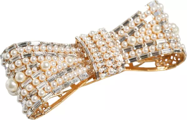 Gold Tone Brass Bow Crystal FauxPearl Embellished Brooch