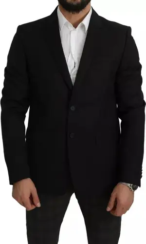 Black Wool Slim Fit Notch Jacket Blazer