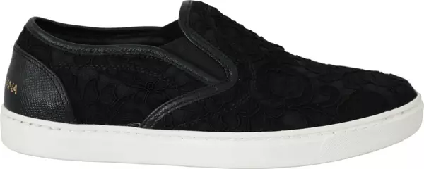 Black Lace Leather Logo Flat Slip-On Sneakers