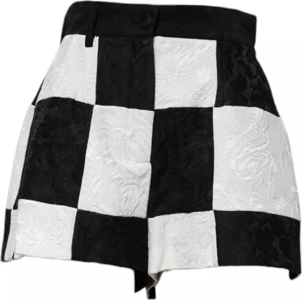 Black White Floral Brocade Hot Pants Shorts