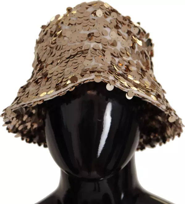 Gold Silk Sequin Embellished Designer Brim Bucket Hat