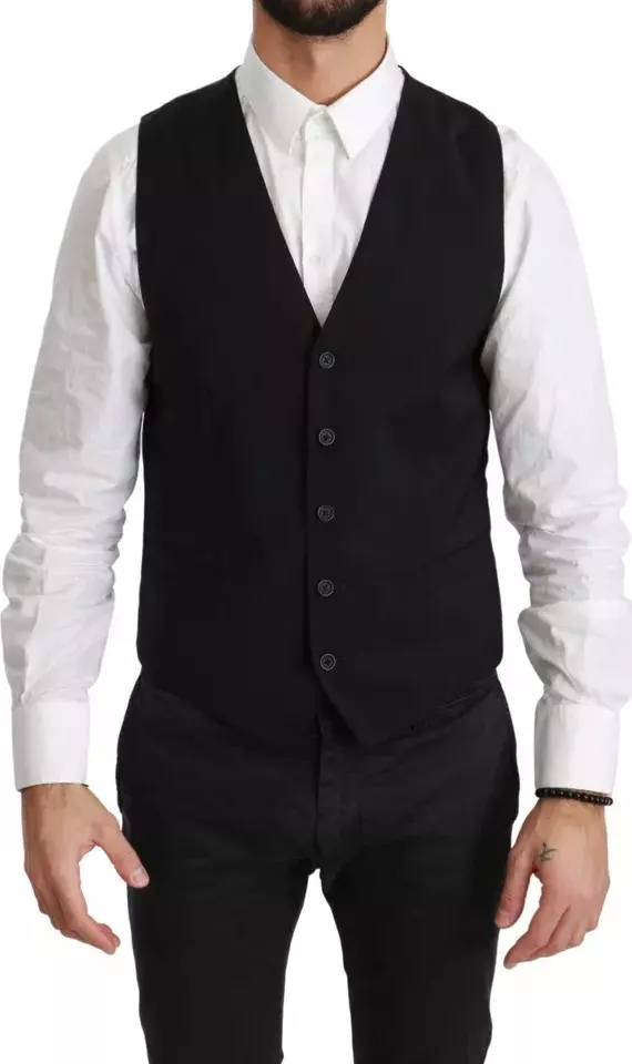 Black Wool Stretch Waistcoat Formal Dress Vest