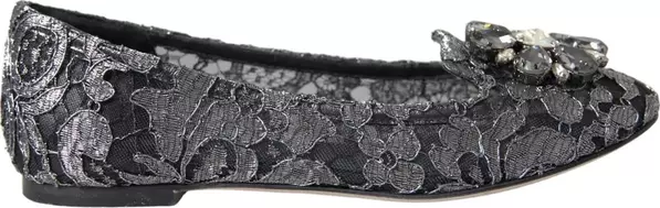 Gray Black Lace Crystal Ballet Loafers Shoes