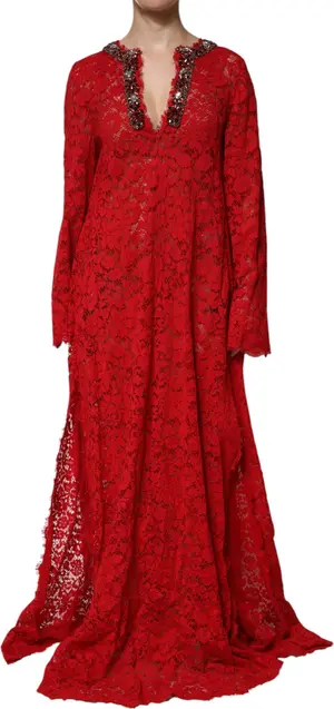Red Floral Lace Rhinestone Embellished Dress
