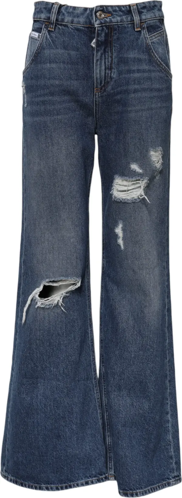 Blue Cotton Wide Leg Tattered Denim Jeans