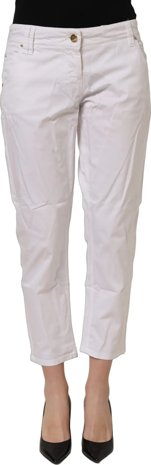 White Mid Waist Straight Cropped Cotton Trouser Pants