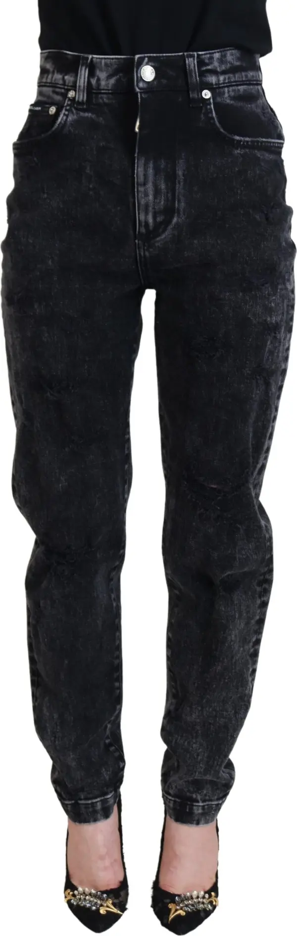 Black Washed Cotton High Waist Denim Jeans