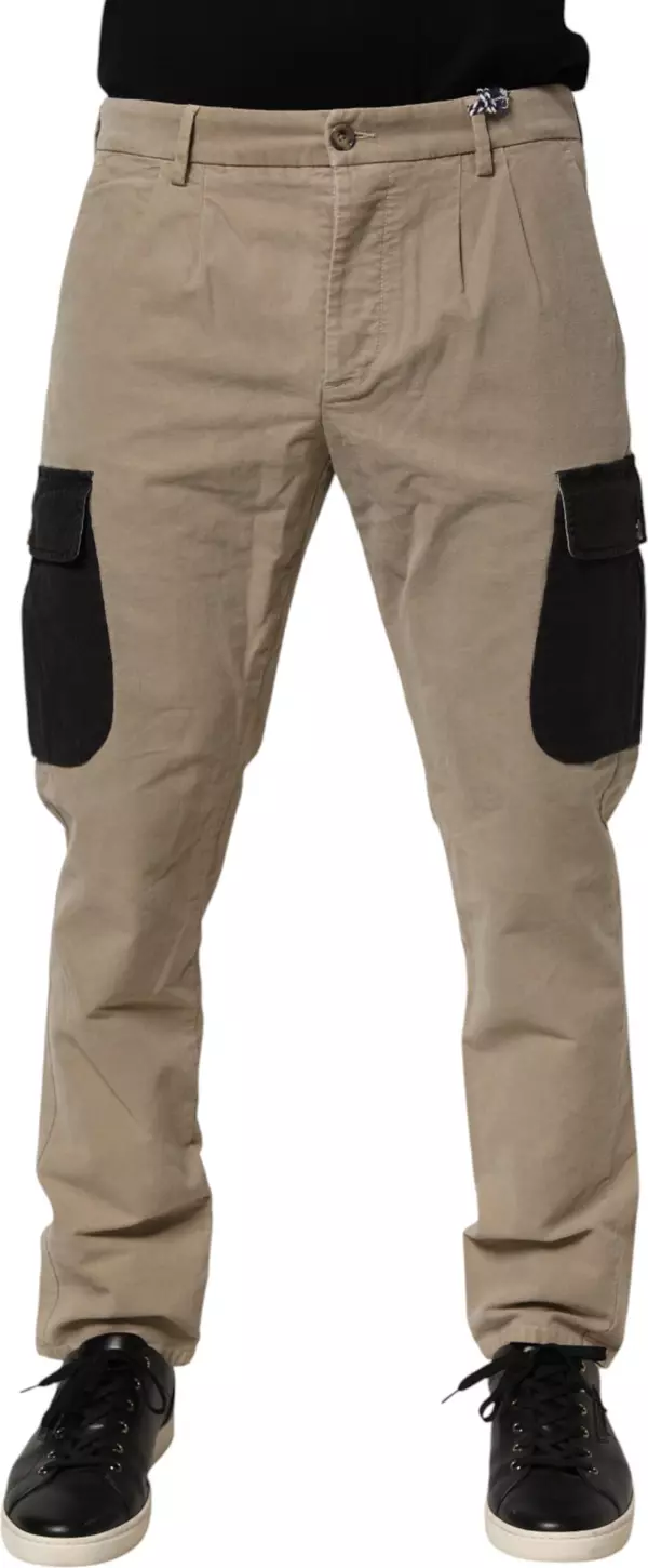 Beige Mid Waist Skinny Men Cargo Chino Trouser Pants