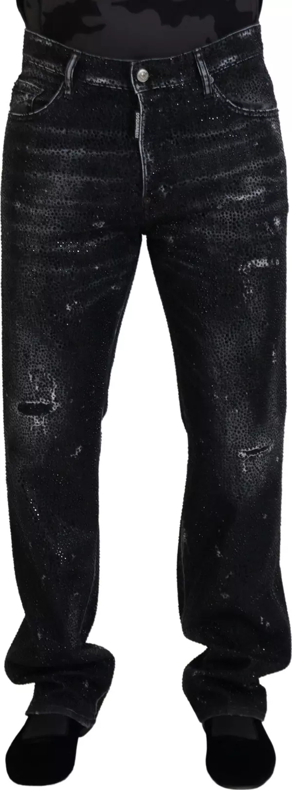 Black Crystal Embellished Tattered Denim Jeans