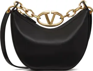 Black Leather Mini Hobo Vlogo Shoulder Bag