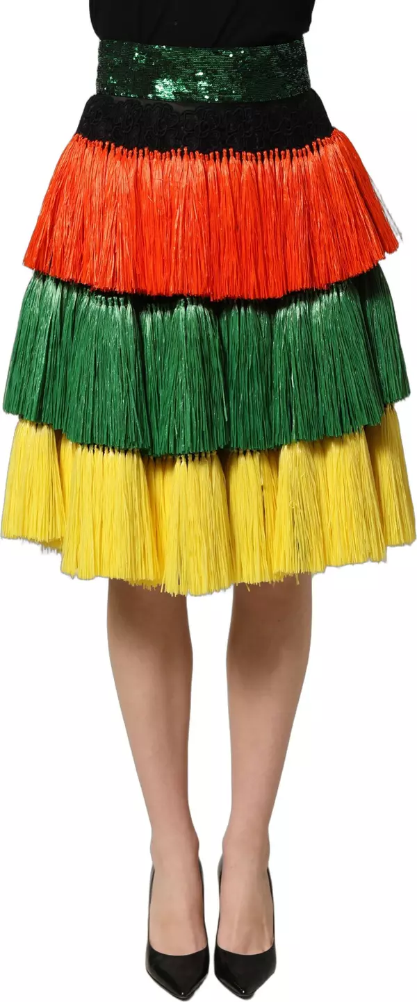 Multicolor Fringe Sequin High Waist Knee Length Skirt
