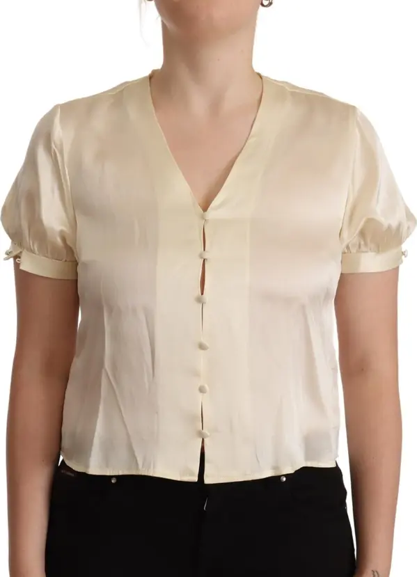 Blouse Off White Silk Short Sleeves V-neck Top