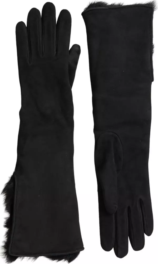 Black Leather Fur Elbow Length Gloves
