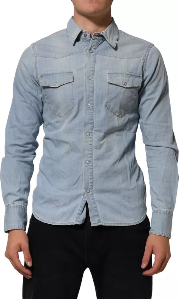 Blue Denim Collared Long Sleeve Men Shirt