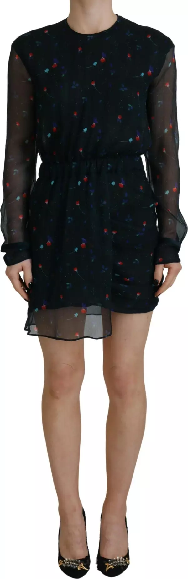 Black Floral Silk Long Sleeves Sheath Mini Dress