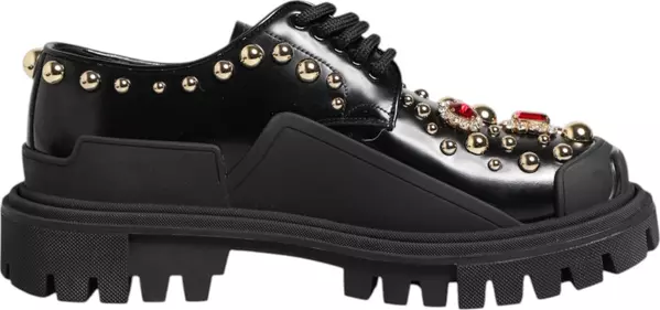Black Leather Jeweled Crystals Derby Shoes