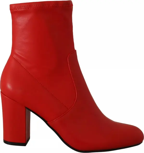 Red Leather Block Heels Ankle Boots Shoes