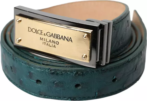 Green Leather Gold Logo Engraved Buckle Belt