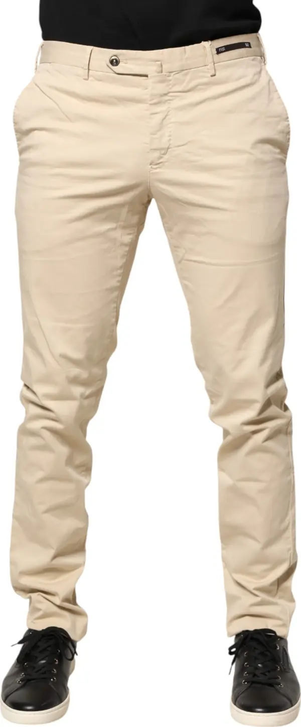 Beige Mid Waist Men Skinny Fit Chino Trouser Pants