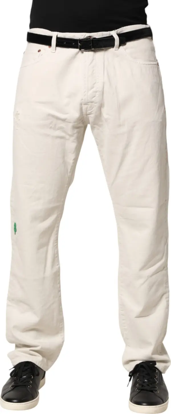 White Cotton Straight Mid Waist Denim Men Trouser Jeans
