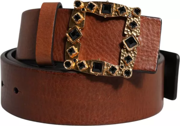 Brown Leather Gold Crystal Buckle Belt