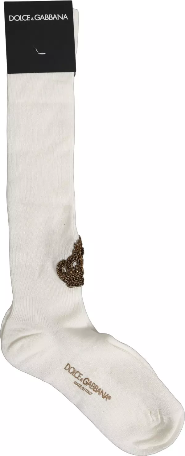 White Crown Embroidery Knee High Accessory Socks