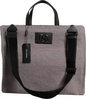 Grey Alpaca Wool Logo Plaque Tote Shoulder Bag