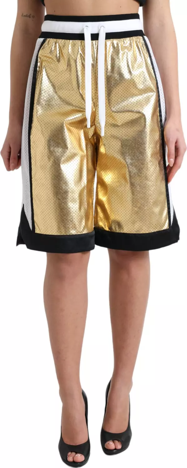 Gold Polyester Perforated High Waist Shorts