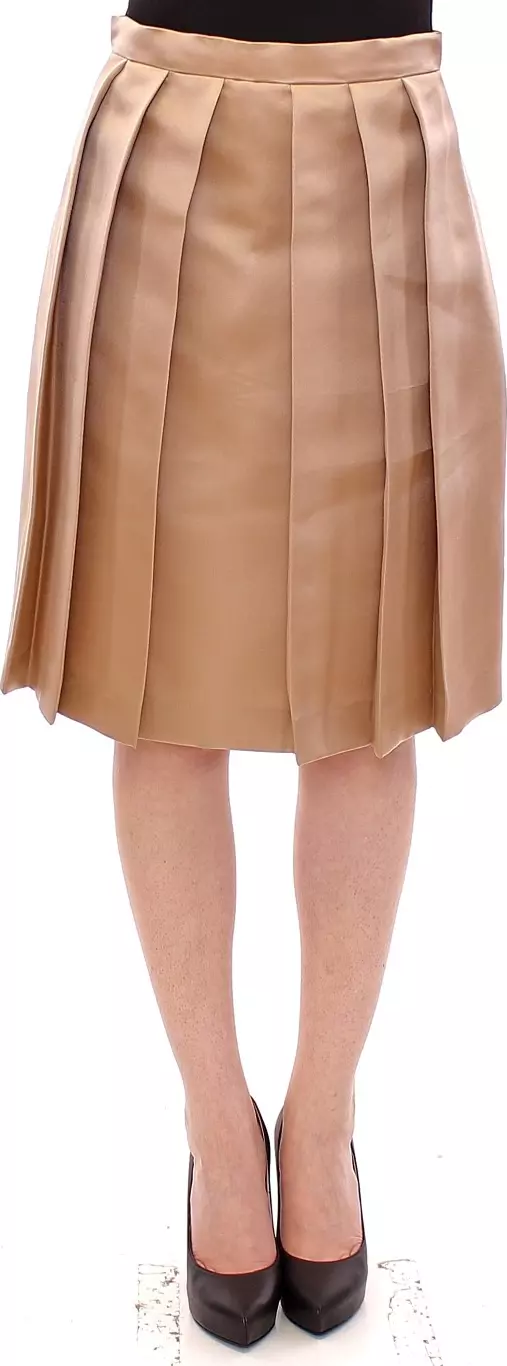 Brown Silk Solid Mini Pleated Skirt