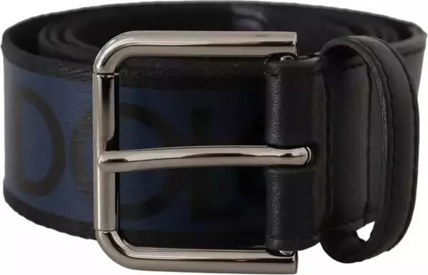 Blue Black Logo Print Silver Buckle Belt