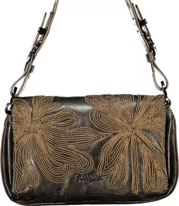 Brown Polyurethane Women's Bag with Embroidery and Magnet Closure
