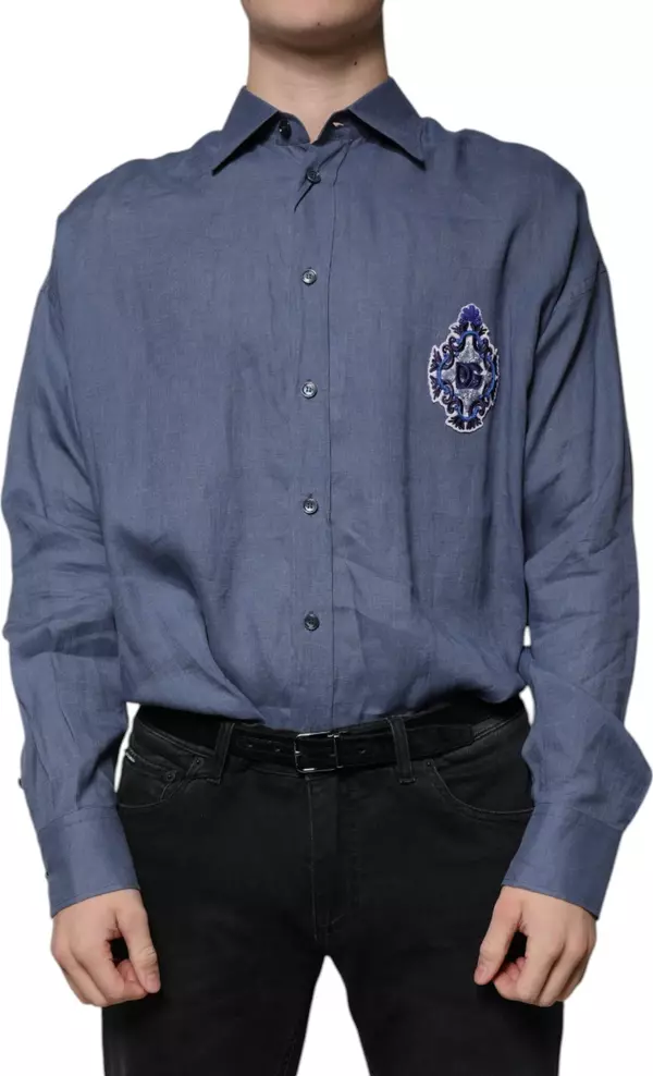Blue Logo Long Sleeve Button Down Casual Shirt
