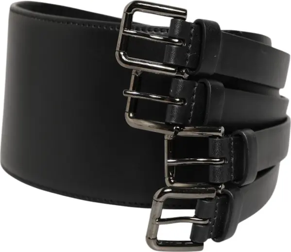 Black Leather 4-Strap Metal Multi-Buckle Belt