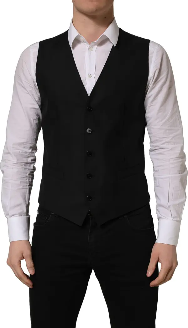 Black Wool Single Breasted Waistcoat Vest
