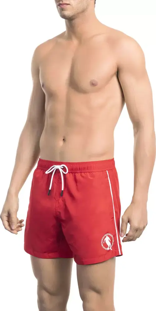 Red Polyester Men Swim Short