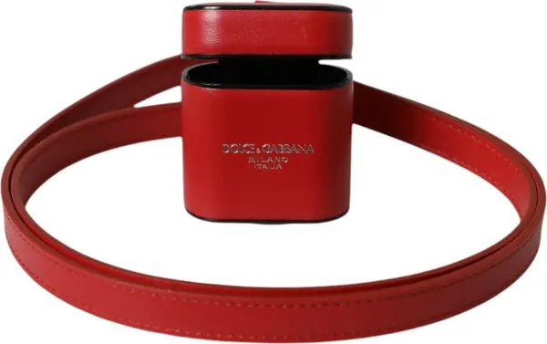 Red Calfskin Leather Logo Print Strap Men Airpods Case